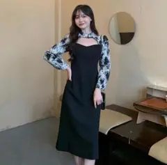 大きいサイズ レディース 秋冬 重ね着風 ワンピース レイヤード 長袖