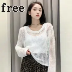 韓国 レディース トップス 透かし編み ニット ゆるメッシュ 長袖 白 【破格】