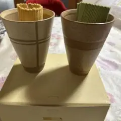 陶器製 湯飲み 2個セット ストライプ模様付き