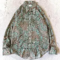 70s USA製 K Mart M ヴィンテージ 総柄レーヨン 長袖 シャツ 緑
