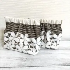 【ハンドメイド】カゴ＆レース柄　バネ口ポーチ　12cm　2点