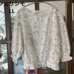フェリシモ 刺繍入りホワイト五分袖ブラウス LL 美品