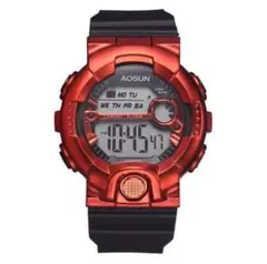 m76 新品 AOSUN☆腕時計デジタル 多機能 LED ブラック×メタルレッド