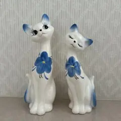 ビンテージ　猫の陶器置物 2体セット　フローラルキャット