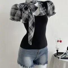 shein トップス チェック ワンホン パフスリーブ リボン