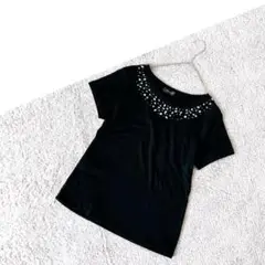 A2741【Nini Lack】ビジュー装飾/ブラックTシャツ/半袖/L/綿