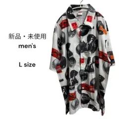 【新品・未使用】men's　柄シャツ　Lサイズ　白×写真　タグあり