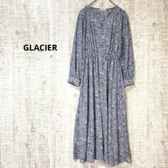 GLACIER 花柄ワンピース パールボタン M くすみブルー 長袖