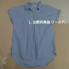 Ｌ ワールド 比較的美品 水色のストライプ半袖シャツ