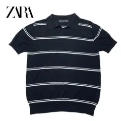 ZARA MAN 透かし編み ポロシャツ M ブラック ストライプ メンズ