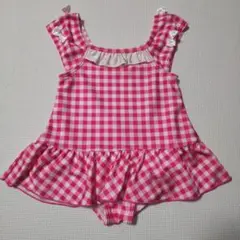 女の子　ピンクチェック リボンつきワンピース水着95cm　（記名なし）