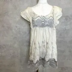 古着　チュニック 刺繍 レース フレンチ袖 Mサイズ相当　レトロ