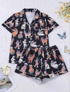 猫柄 パジャマセット 黒色XXL