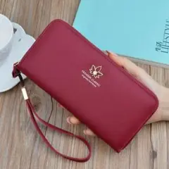 【W35】（レッド）シングルファスナー 長財布 大容量 多機能 ストラップ付