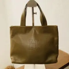 【レア】ヒロフ ハンドバッグ ロゴ刻印 レザー グリーン