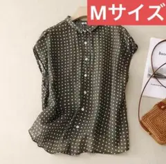 レディースドットシャツ（グリーンMサイズ）春夏秋ノースリーブ