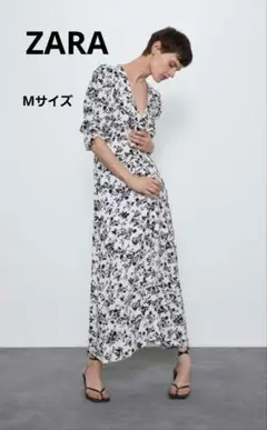 ZARAワンピース　フラワープリント　モノクロ　Мサイズ