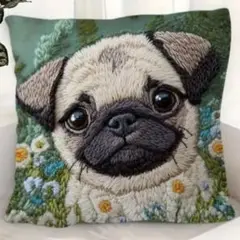 新品 クッションカバー 刺繍風 プリント パグ 犬動物 かわいい リアル 片面