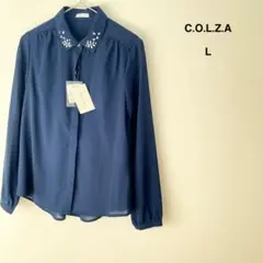 【新品　タグ付き】C.O.L.Z.A シャツ　長袖　ビジュー　薄手　ネイビー　L