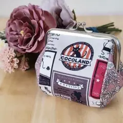 ぷっくりマチ付きがま口ポーチ ピンク系黒猫ワッペン柄 ハンドメイド