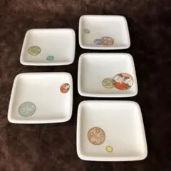 宮内庁御用達 深川製磁 寿赤絵 角銘々皿揃 5枚 絵変わり 未使用