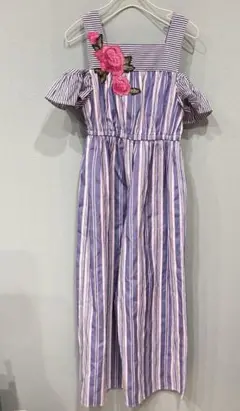 オフショルダー サロペット 青と白のストライプ