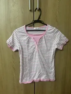 【古着】tシャツ M ピンク ボーダー 平成