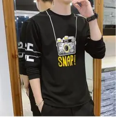 黒　メンズ　ロンT　Tシャツ　長袖　柄　カメラ　シンプル　大きい　ゆったり　XL