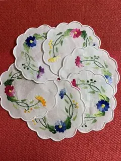 ベトナム製花柄刺繍のコースター　6枚セット　青