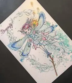 水彩画 トンボが枝に止まって はがき大