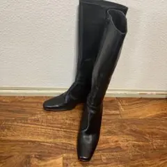 黒 レザー ロングブーツ 背面ファスナー