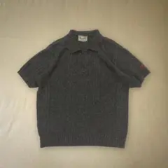 ニット 半袖 ポロシャツ ワンポイント ロゴ グレー レッド リブ