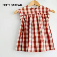 【プチバトー】チェックワンピース PETIT BATEAU　たっぷりギャザー赤白