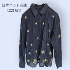 日本ニット商連 シャツ 花柄 黒 綿100% 薄手 透け感