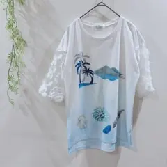 【YIMAN】夏☀️ レース袖　ヤシの木　貝　Tシャツ　涼しい　希少