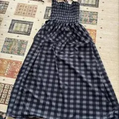 チェックキャミロングワンピ　ネービー　美品