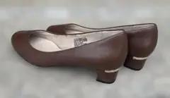 ブラウン 本革　ミドルヒールパンプス