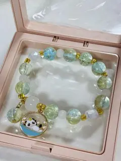 ビーズブレスレット パンダのチャーム付き グリーン