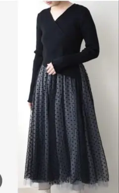 『新品タグ付き」Eimee Law ドットフロッキーチュールリブニットドレス