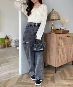 サイドカットデニムストレートパンツ