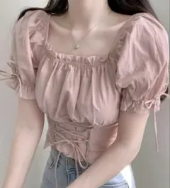 袖リボンスクエアネックトップス