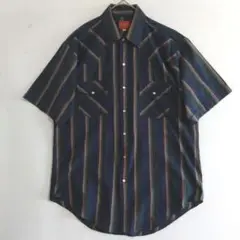 792　PLAINS　半袖シャツ　M　紺　緑　灰　スナップボタン　US古着 薄手