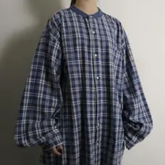 チェック シャツ ブルー ボタンダウン バンドカラー パジャマシャツ 2XL