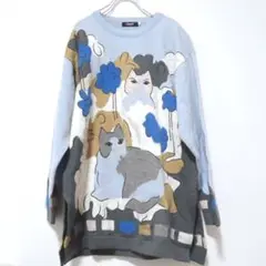 Chamois V 総柄 猫刺繍 ニットセーター アンゴラ混 フリーサイズ