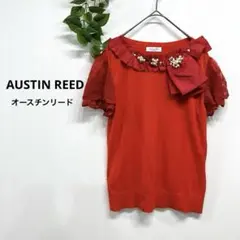 AUSTIN REED オースチンリード/レース半袖ニット 首元パール風タイ L