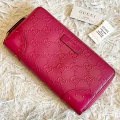 美品⭐️グッチ GGシマレザー エンボス加工 ラウンドジップ 長財布 ピンク