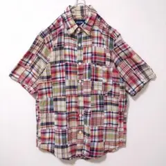 【BACK NUMBER】半袖　シャツ　メンズ　古着　パッチワーク　チェック　赤