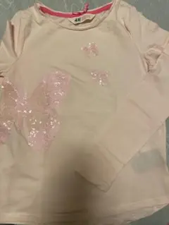 H&M 140バタフライ・蝶柄スパンコールベビーピンク 長袖カットソー Tシャツ
