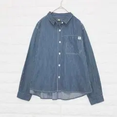 美品☆ロゴス シャツ ストライプ アウトドア Ｍ 紺白 綿100% ☆S0217