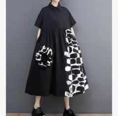 モノトーン✦アシンメトリックデザイン 半袖シャツワンピースM〜L美品